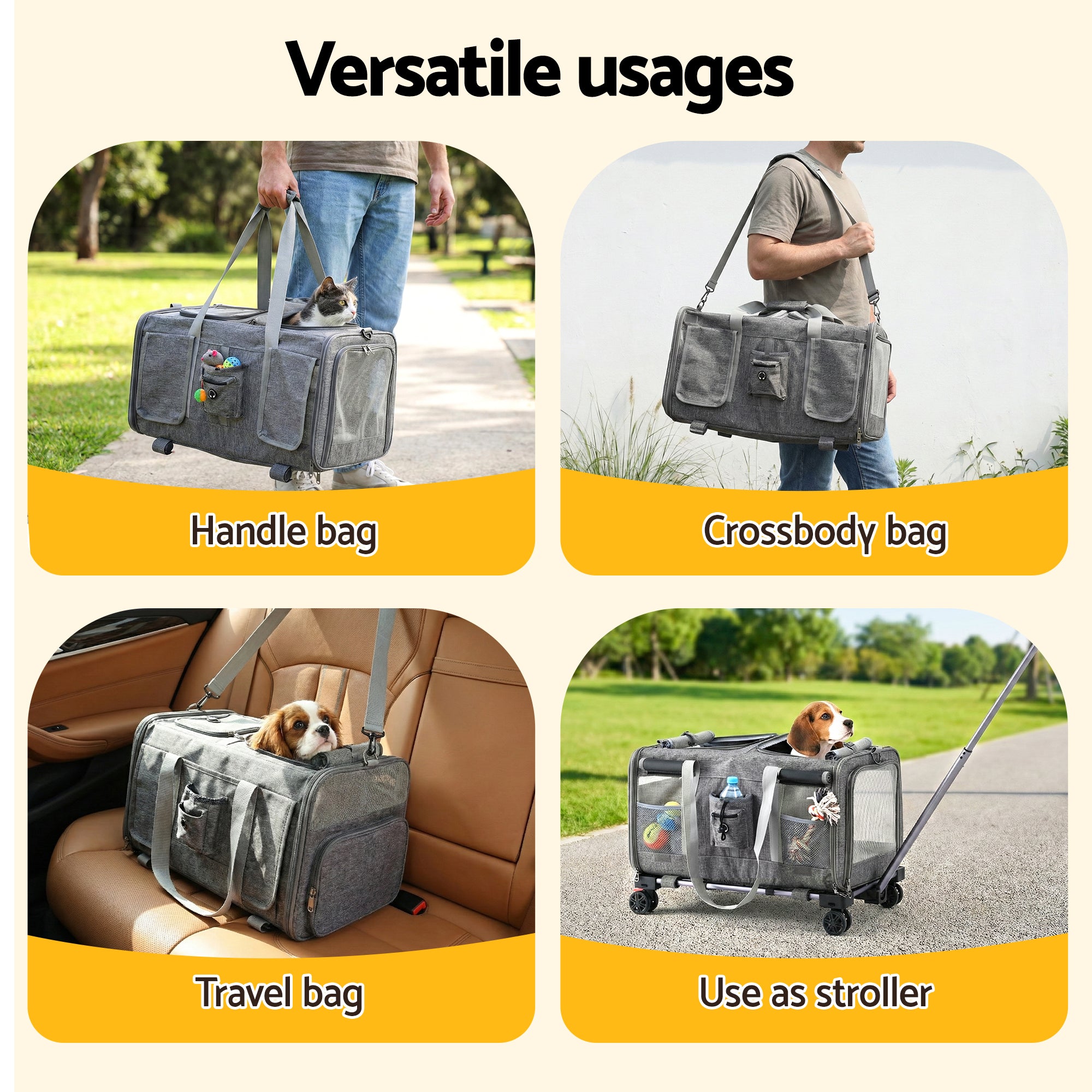 Foldable Pet Carrier Swivel Wheels Cat Dog Trolley Stroller Travel Bag Grey